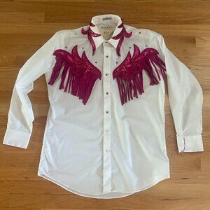 Vintage Barbara Shara Lubbock TX Western Rodeo Fringe Shirt Size M